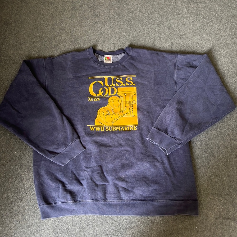 Navy Blue Crew Neck Thick Sweatshirt with Military Print